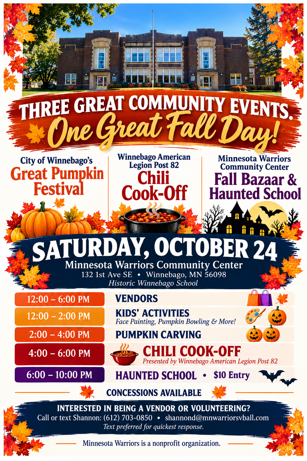 Fall Fest flyer: three community events at the Minnesota Warriors Community Center on Saturday, October 24. Full schedule and contact details appear alongside this image.